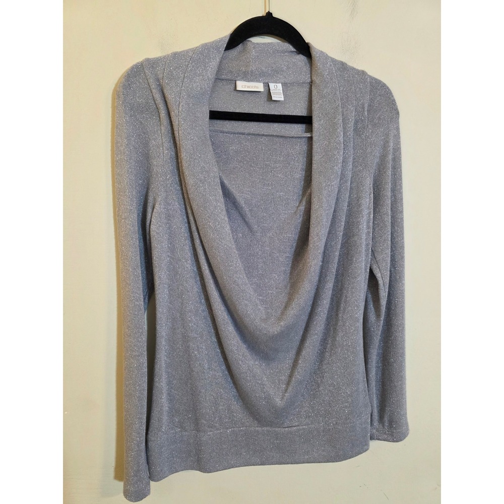 Chicos Silver Metallic Cowl Neck Sweater Long Sleeve Shimmer Top Size 0(S/4Read